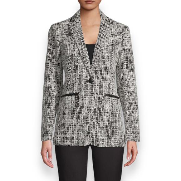Karl Lagerfeld Paris Womens 0 Tweed Faux Leather Trim One-Button Blazer Black - Picture 1 of 12